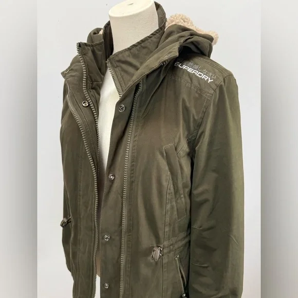 SUPERDRY Olive green hooded sherpa lined parka Jacket size M - Picture 6 of 13